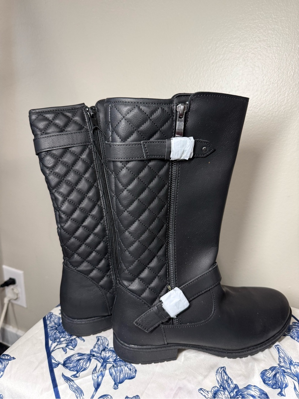 Girls Quilted Black Knee-High Boots with Decorative Straps